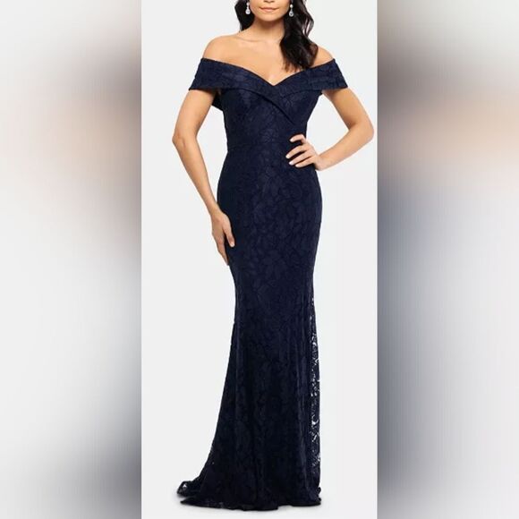 XSCAPE Petite Off-The-Shoulder Lace Gown NWT Size 12P Navy Blue - Picture 1 of 6